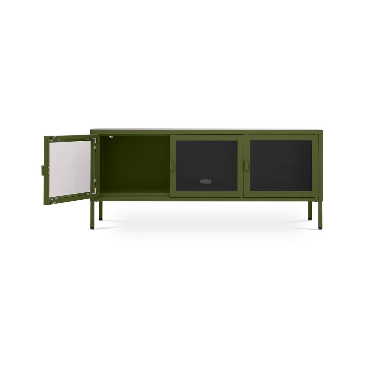 TV-STÄNDER Metall industriell EZRA, 130 cm, 3 Türen, Olivgrün und Sicherheitsglas - Olivgrün, Metall (130/55/40cm) - Sicaan