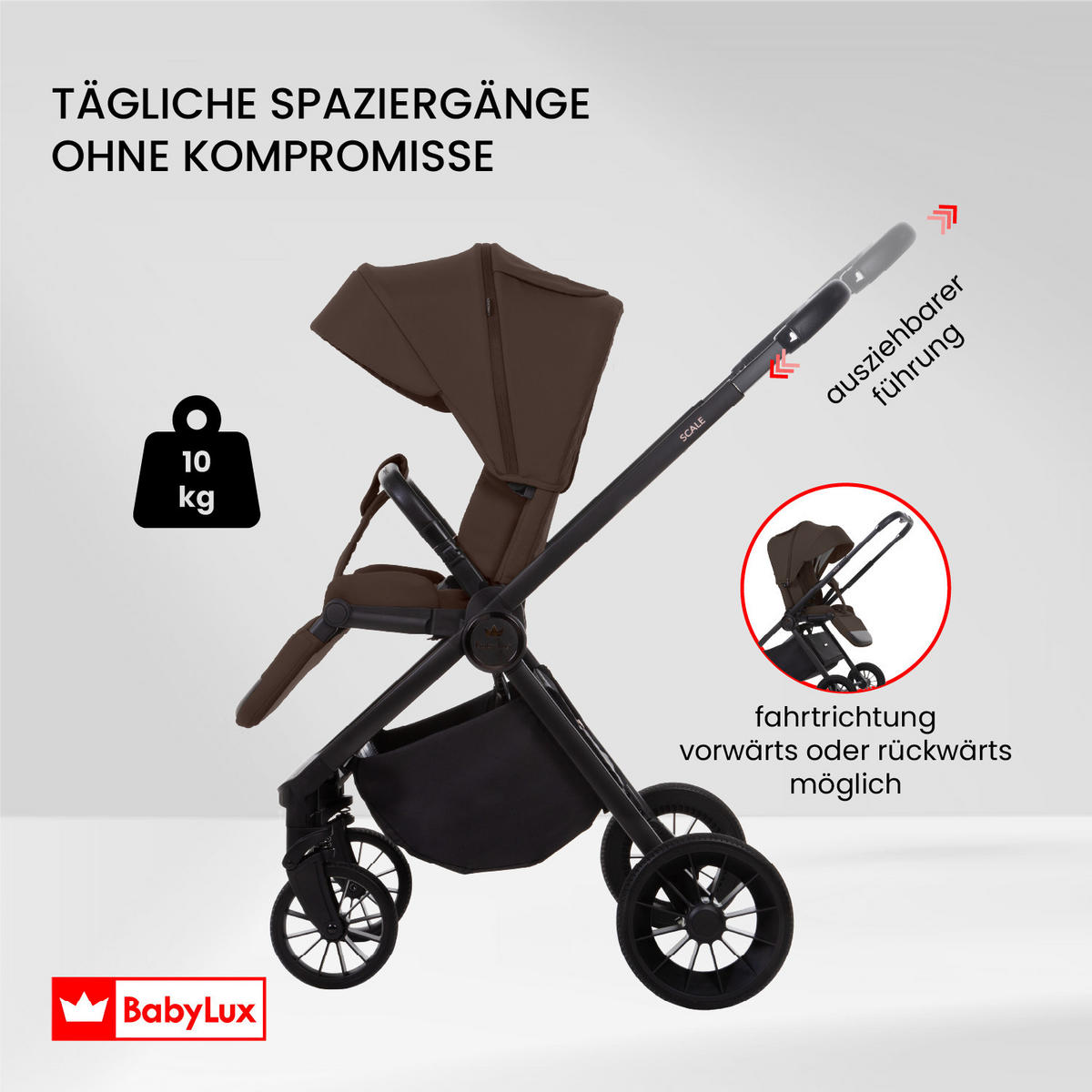 BUGGY Scale, Klein und Leicht, Teleskopische Führung, Kompakt Faltbar, Wickeltasche, Reisetasche - Schwarz/Braun, Textil/Metall (58/100cm) - BabyLux