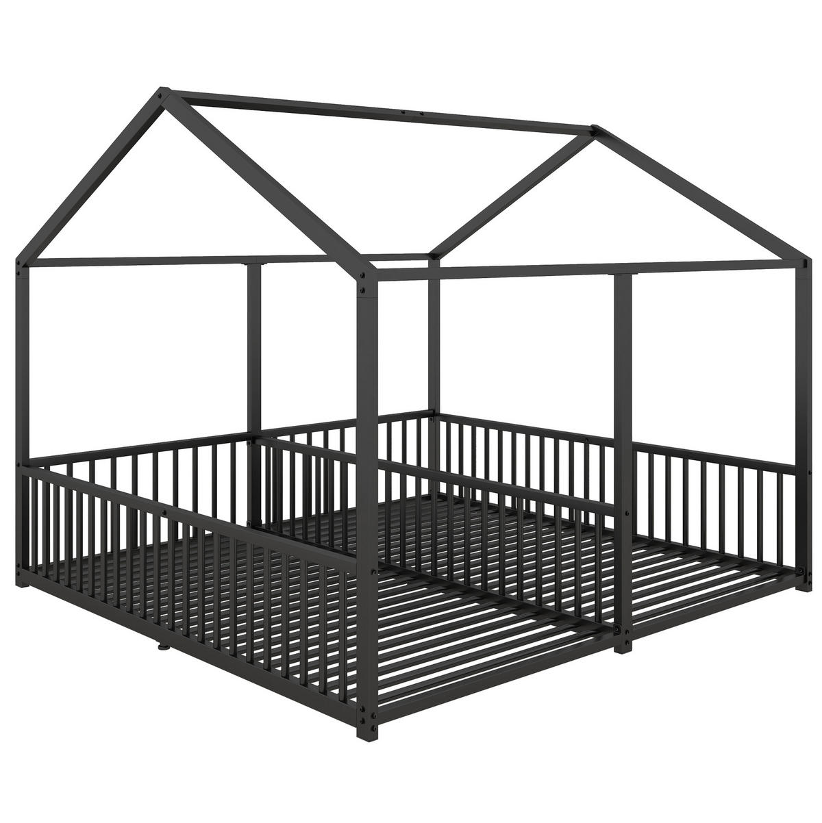METALLBETT 90/200 cm Schwarz mit Hausform und Geländer - Schwarz, Metall (90/200cm) - OKWISH