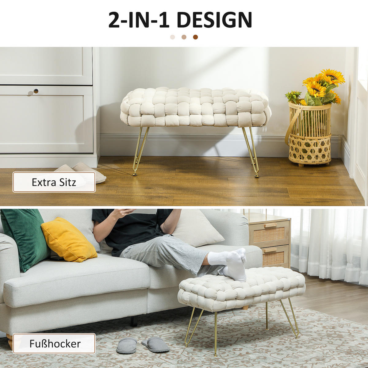 SITZHOCKER mit Samtoptik Cremeweiß 76/38/41,5 cm - Weiß, Textil (76/41.5/38cm) - HOMCOM