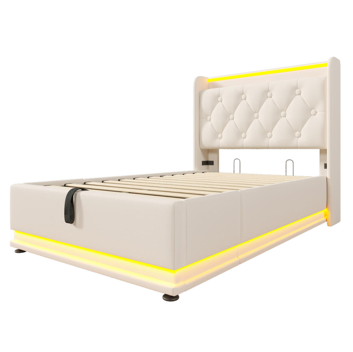 POLSTERBETT 90/200 cm Weiß aus PU mit LED, Stauraum und Matratze - Weiß, Kunststoff (90/200cm) - OKMYHOME