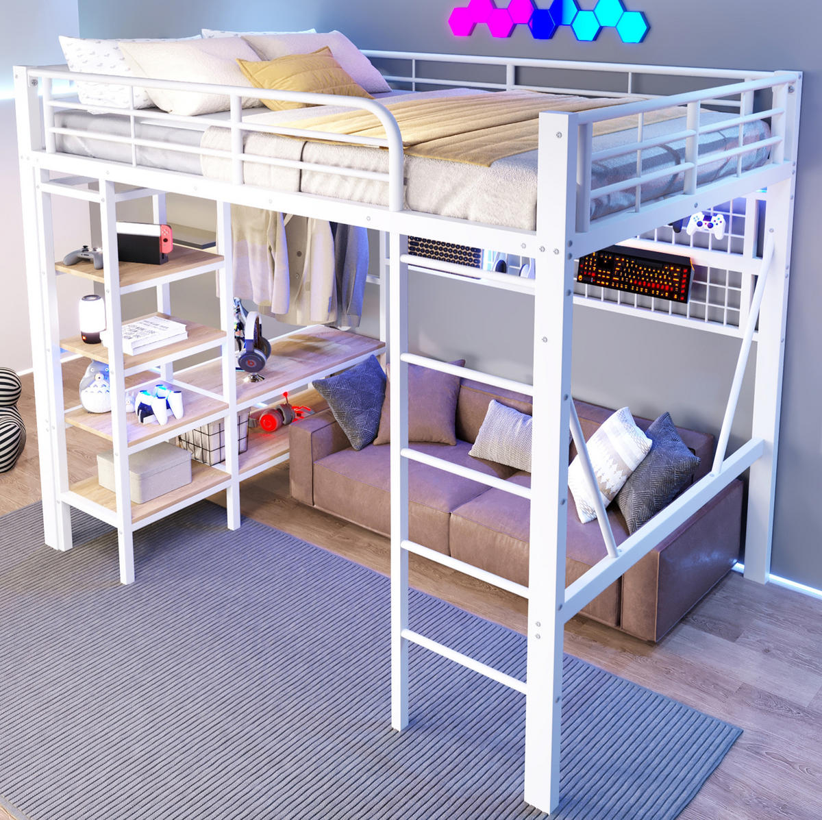 HOCHBETT 140/200 cm aus Metall mit LED-Lichtleiste und Ablagefach Weiß - Weiß, Metall (140/200cm) - Modenvie