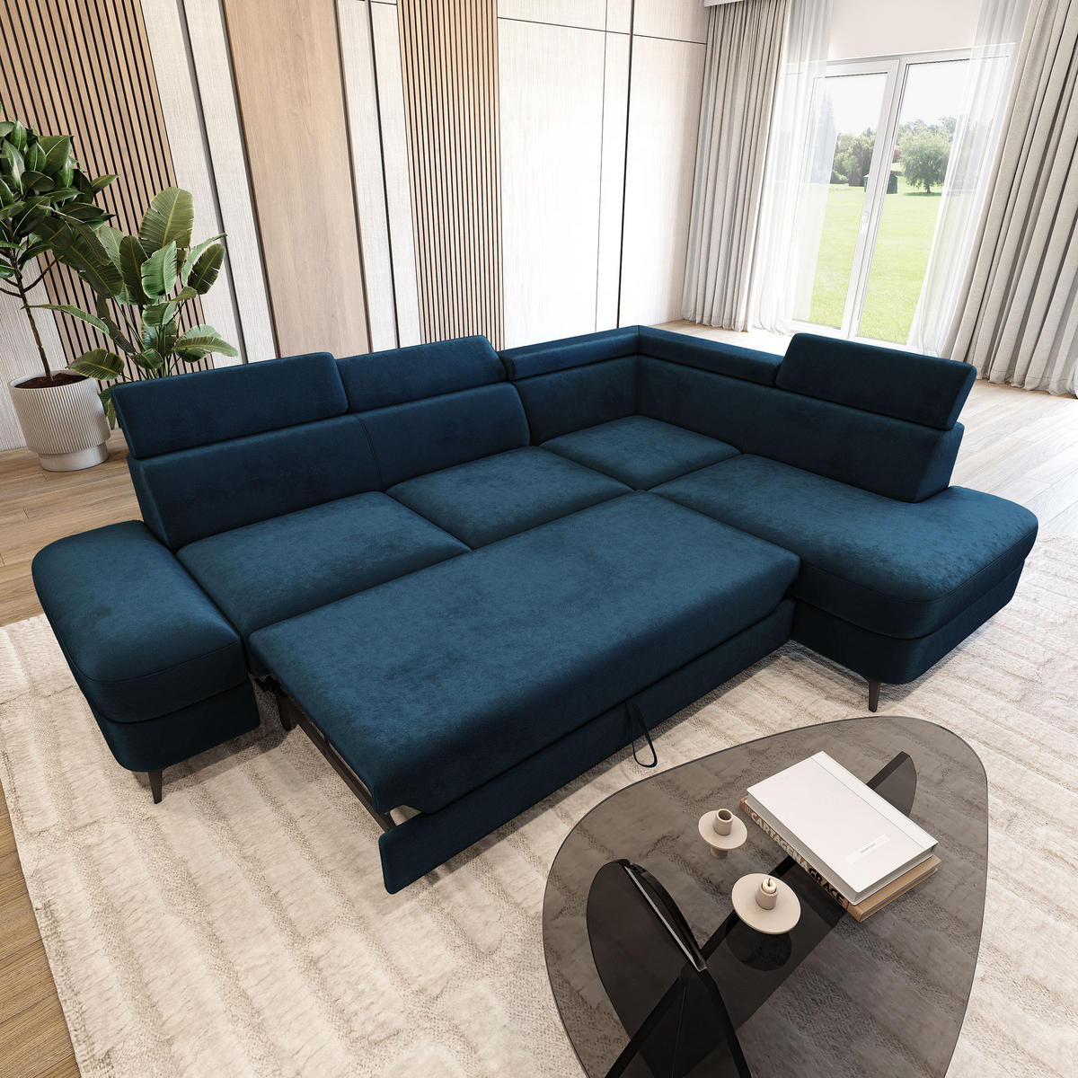 ECKSOFA AVISE M R-S Blau Velours-Stoff mit Schlaffunktion - Blau, Holzwerkstoff/Textil (268/195cm) - MASSENO