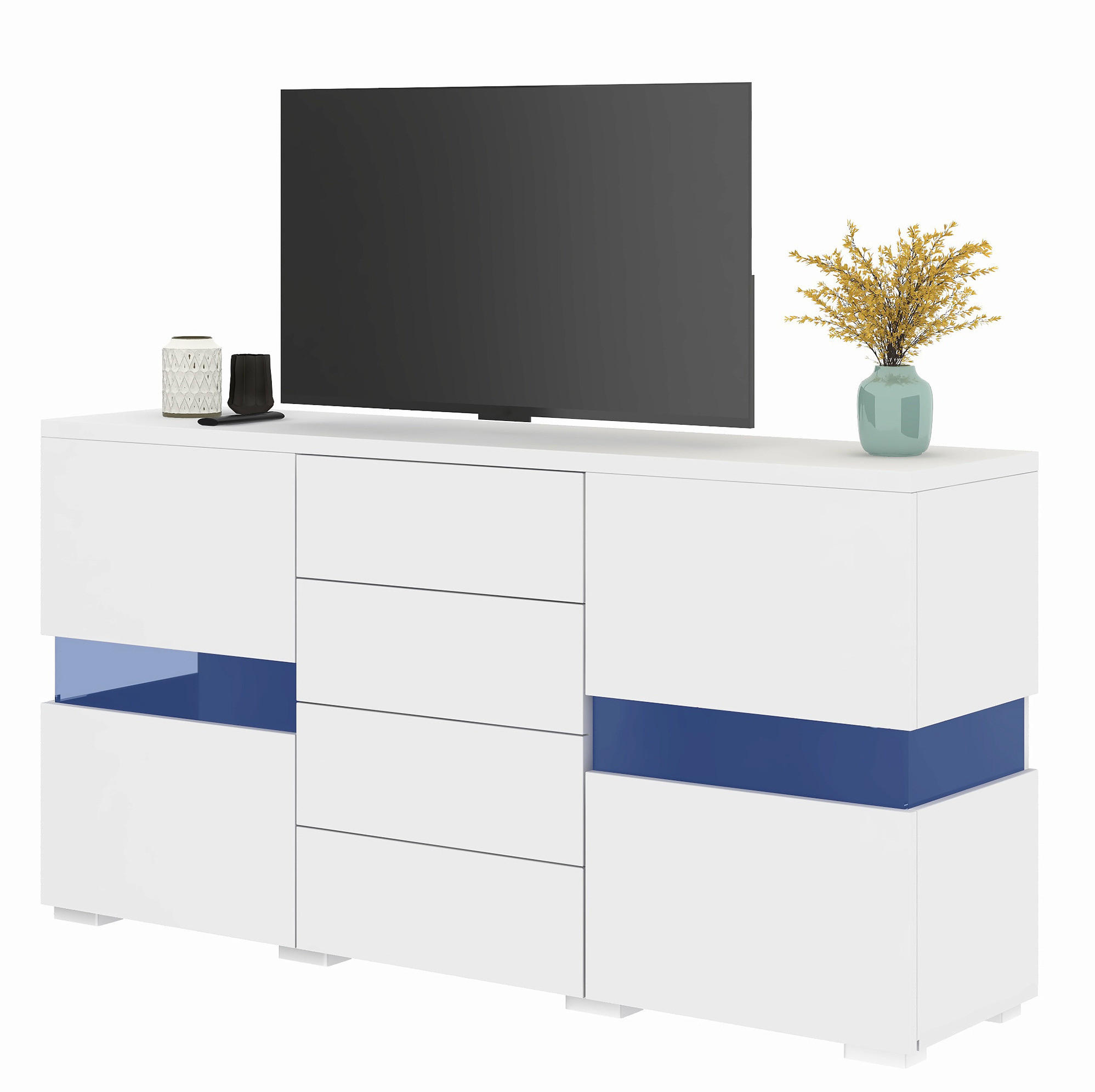 SIDEBOARD 140/35/72 cm mit 2 Acryltüren, 4 Schubladen & LED in Weiß - Weiß, Holzwerkstoff (145/72/35cm) - BEAOK