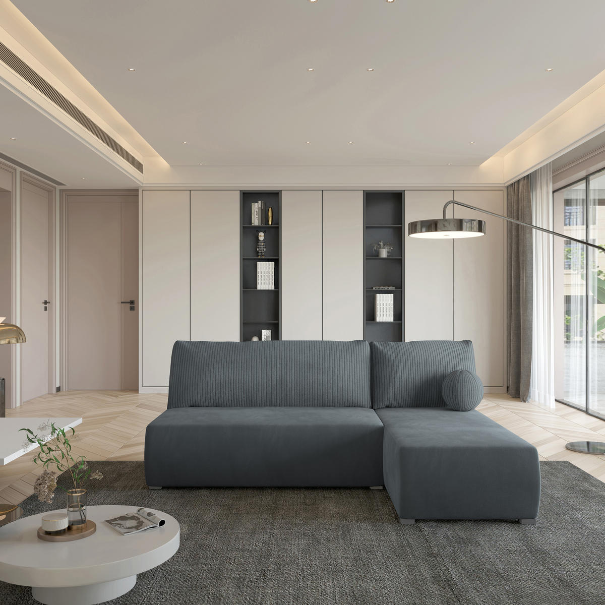 ECKSOFA PARVELO Grau Plüsch-Stoff mit Schlaffunktion - Grau, Holz (200/143cm) - MASSENO