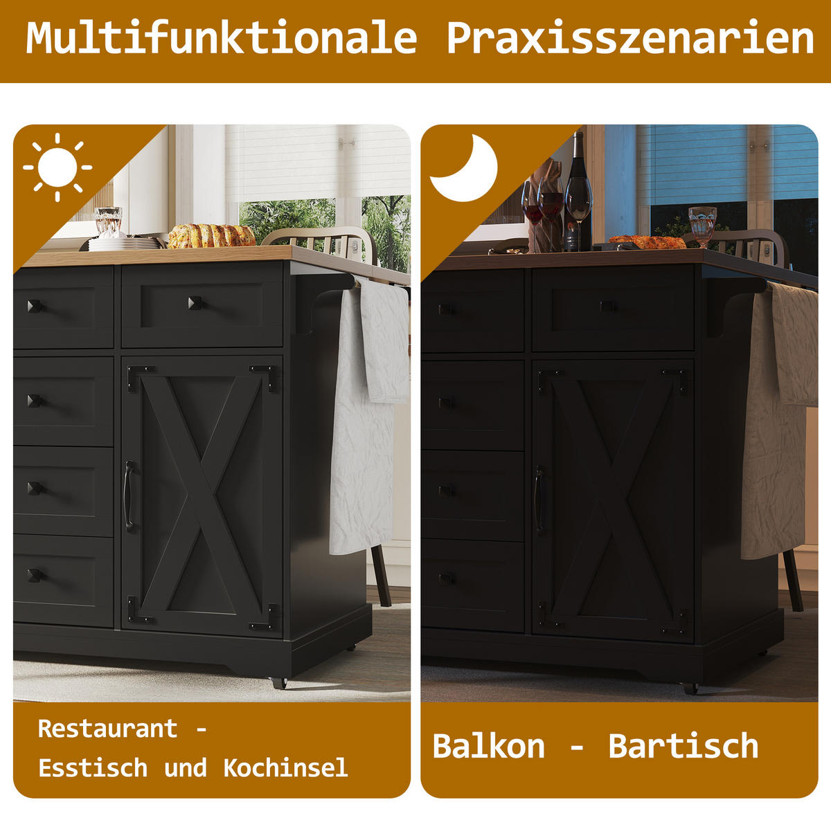 KÜCHENINSEL 147/93/44 cm Schwarz aus MDF und Metall mit Klappfunktion - Schwarz, Holzwerkstoff (44/93/147cm) - OKMYHOME