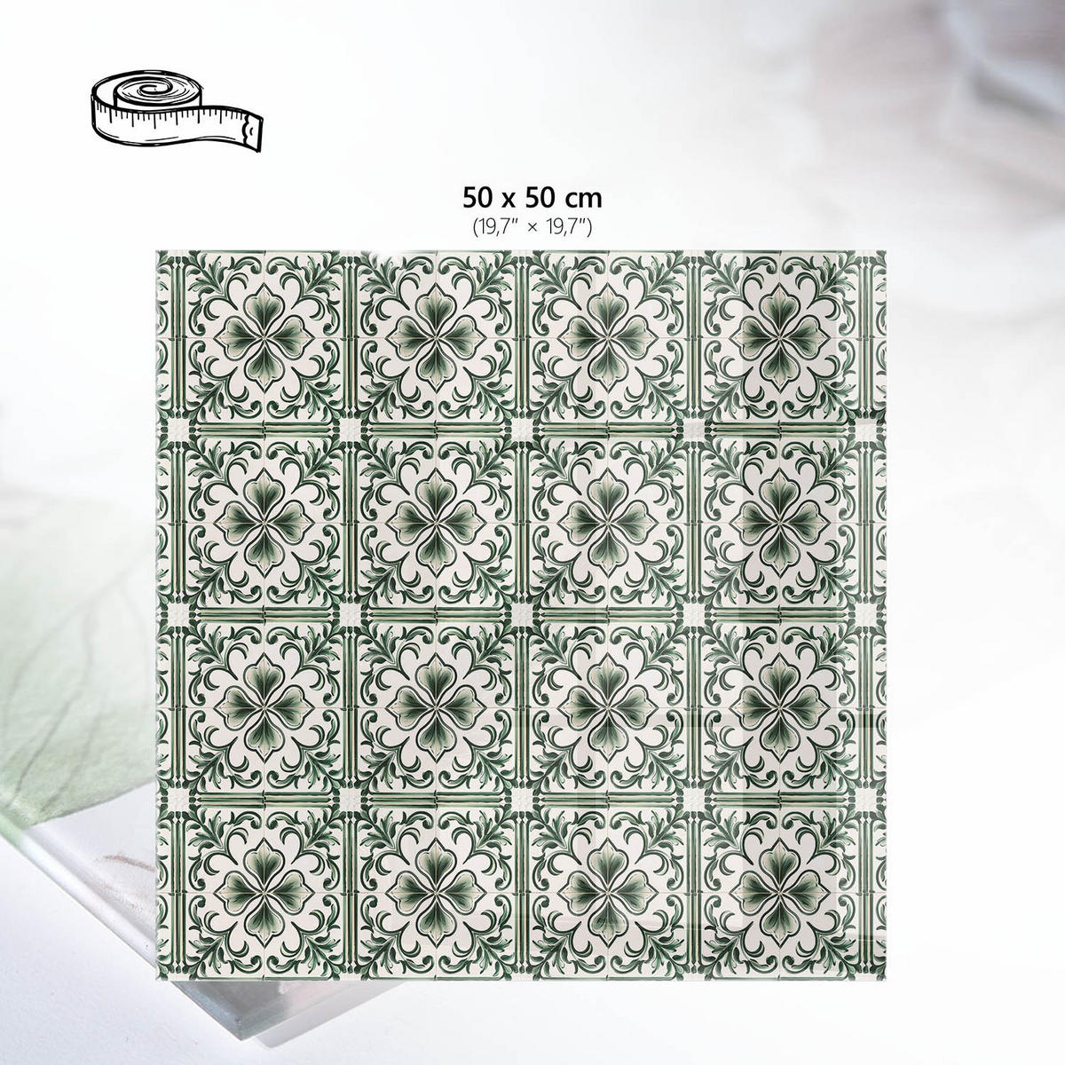TISCHPLATTE 50x50 cm – Fliesenornamente - Grün, Glas (50/50/0.4cm) - Wallfluent