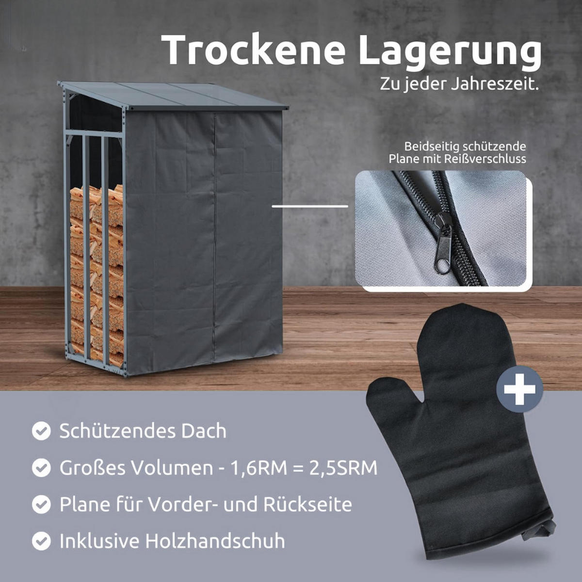 KAMINHOLZREGAL Außen mit Dach ELOS 130x70x185 cminkl. Ofenhandschuh - Anthrazit, Metall (130/185/70cm) - DELUKE