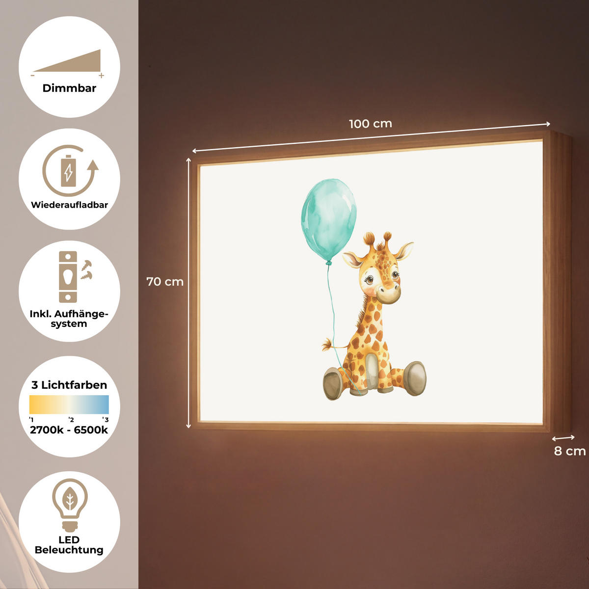 NACHTTISCHLAMPE MIT AKKU Giraffe - Baby - Tiere - Blauer Ballon 100x70 cm - Weiß, Holzwerkstoff (8/100/70cm) - OnlyWow