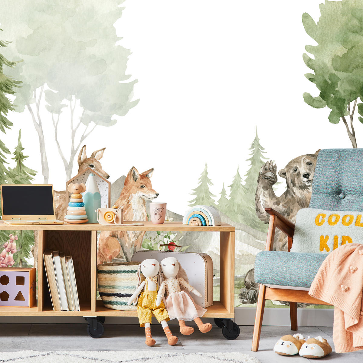 FOTOTAPETE für Kinderzimmer Aquarell Waldtiere Fuchs Reh Tragen 450x315 - Multicolor, Papier (450/315cm) - Muralo