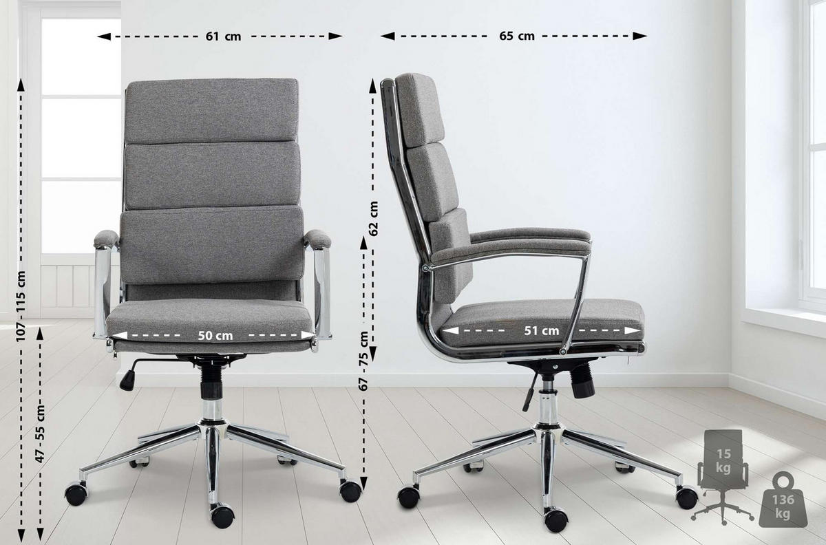 BÜROSTUHL Cyron Stoff grau - Chromfarben/Grau, Textil/Metall (61/115/65cm) - TPFLiving