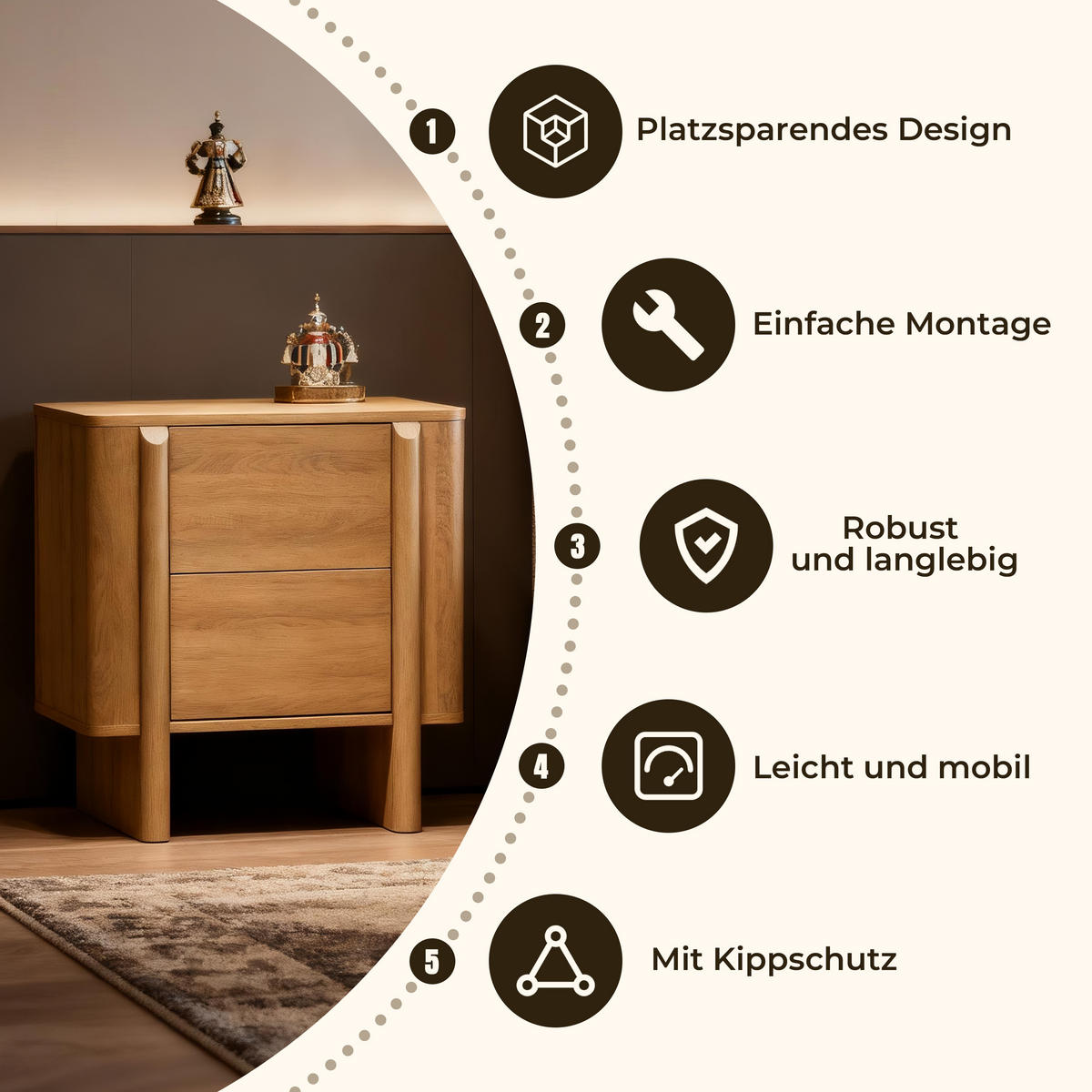 NACHTTISCH Modern im Nordischen Stil,Eichenfarben, Holz-Optik Eiche | B55 x T40 x H60 cm - Eichefarben, Holz (55/60/40cm) - Hometopia