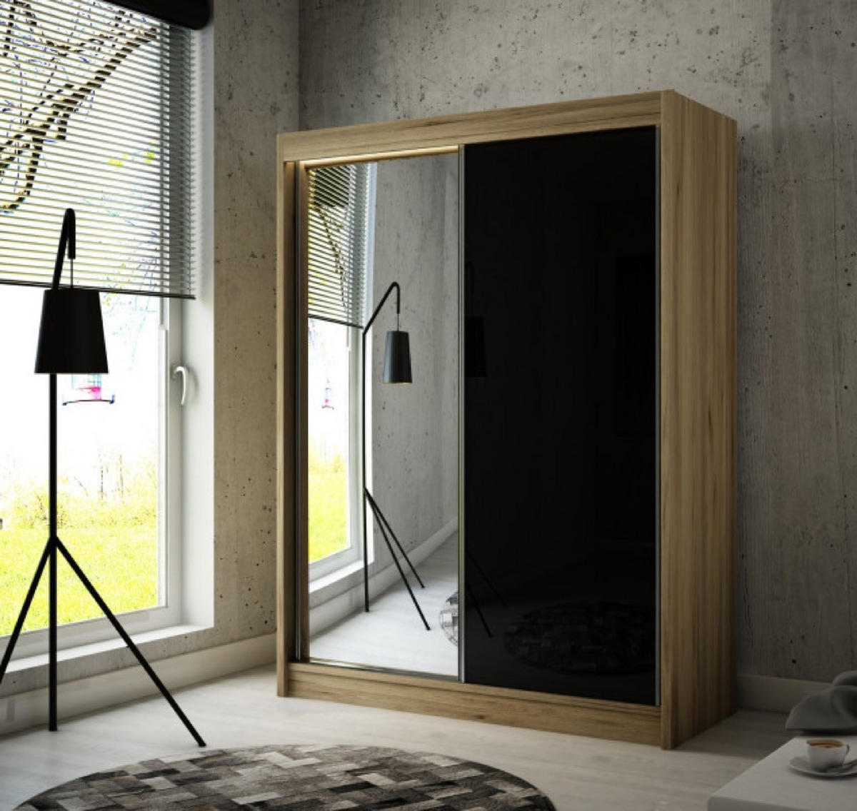 SCHRANK Schwarz VELIS Mit Spiegel 120 cm 120x61x215 cm - Transparent/Eichefarben, Holzwerkstoff (120/215/61cm) - Sepro Meble