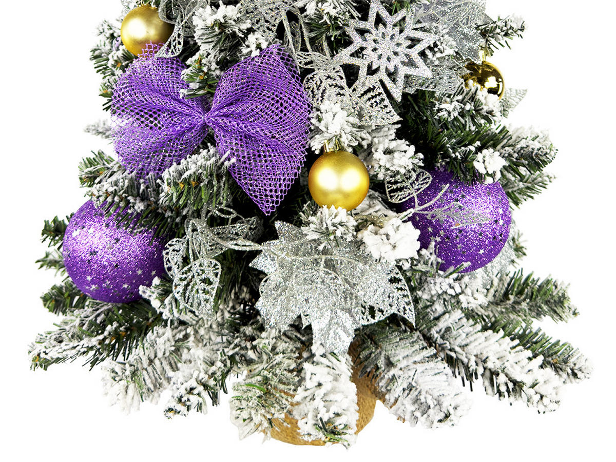 WEIHNACHTSBAUM künstlicher 60 cm mit LED-Beleuchtung, VIOLETTHARMONIE, mit 28 Weihnachtsbaumschmuck, Pflanztopf mit Jutesack - Silberfarben/Lila, Kunststoff/Stein (40/60cm) - LAALU