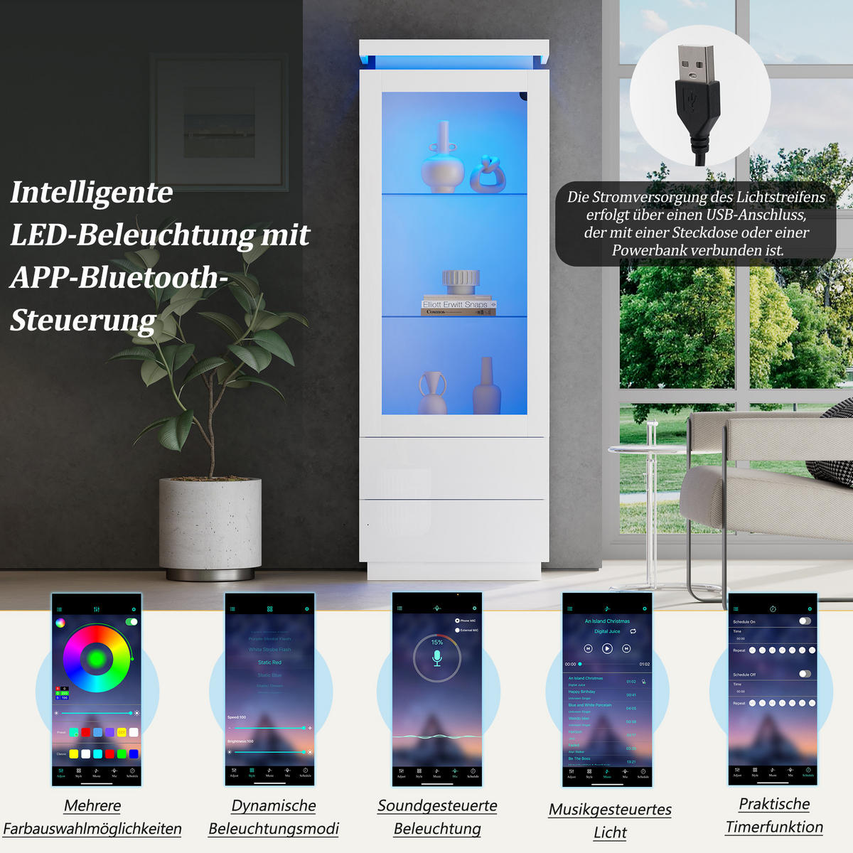 VITRINE LED Hochglanz Glasvitrine 2 Schubladen Weiß 171cm - Weiß, Holzwerkstoff (60/171/40cm) - FLIEKS