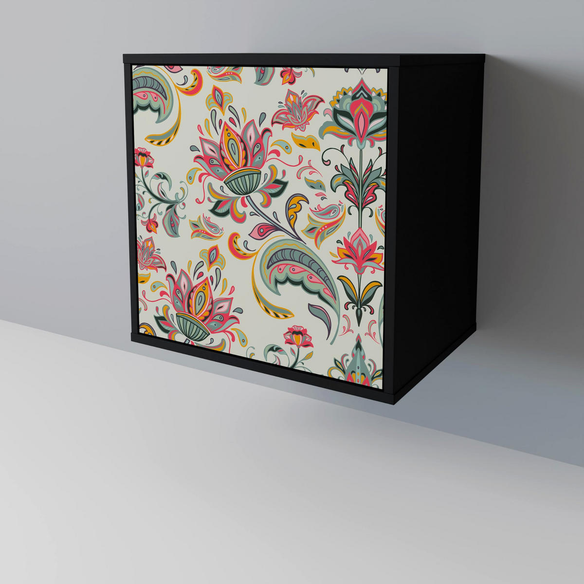 SIDEBOARD ORGANIC FOLKLORE, Schwarz, 57,5x42x70,5 cm, Schwarze Metall-Sternfüße - Multicolor/Schwarz, Holzwerkstoff/Metall (57.5/70.5/42cm) - SpaceRebels