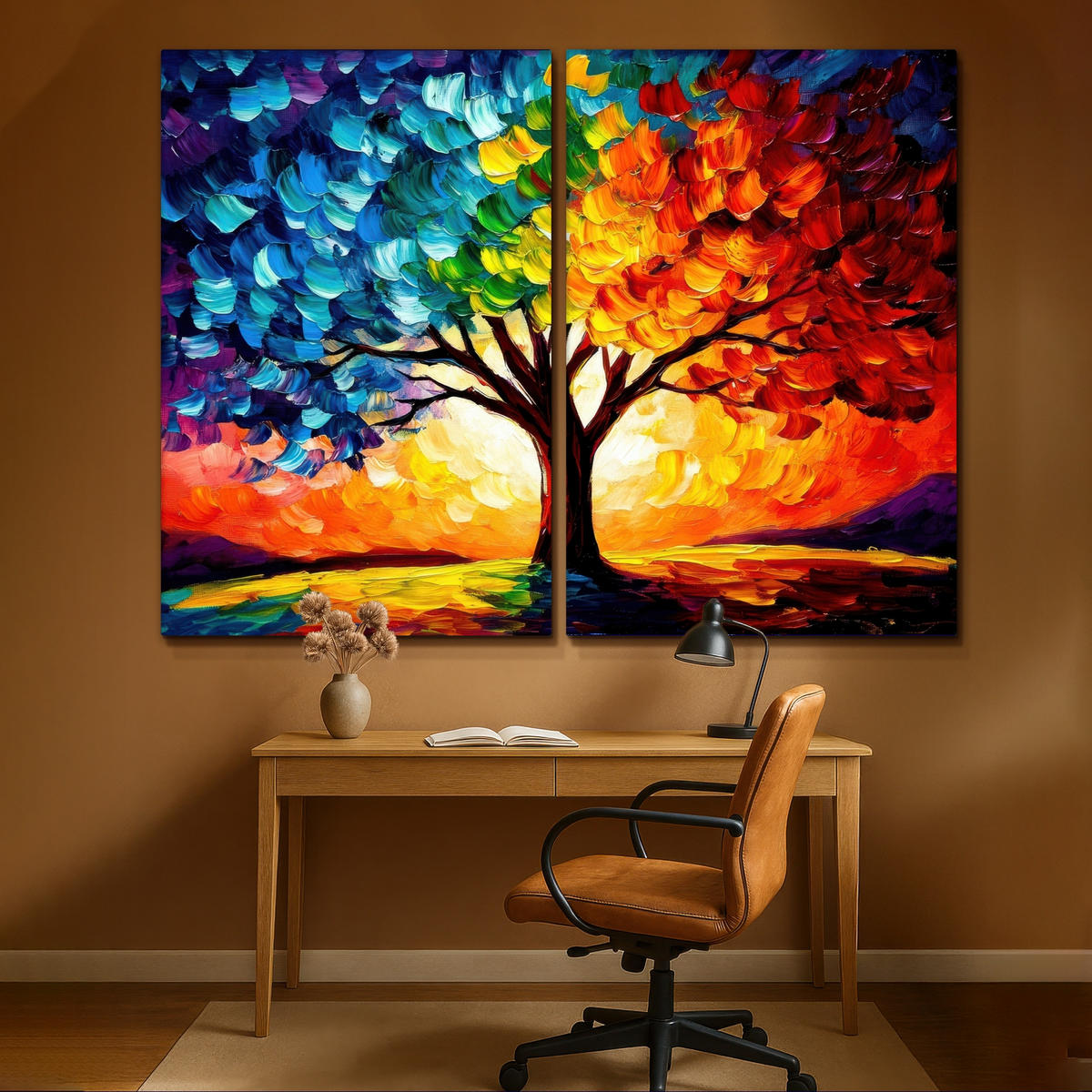 LEINWANDBILD 2er Set Baum - Farbenfroh - Malerei-Look - Abstrakt 240x180 cm - Multicolor, Textil (240/180cm) - MuchoWow