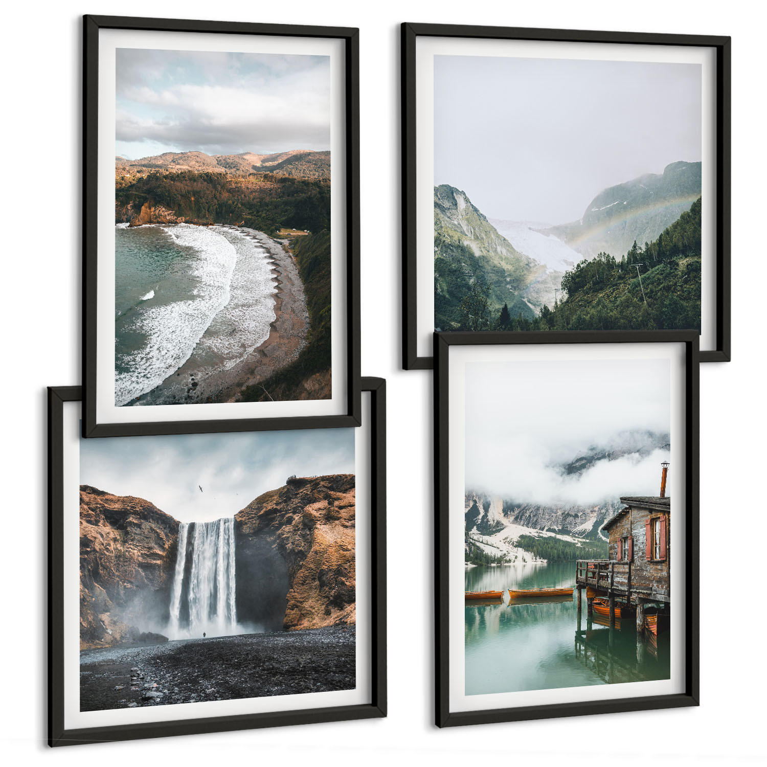 BILDER SET 4er Set - 50x50 cm & 40x60 cm Schwarzer Rahmen - Bergstrände Wolken Wasser - Schwarz, Kunststoff (50/50cm) - TULUP