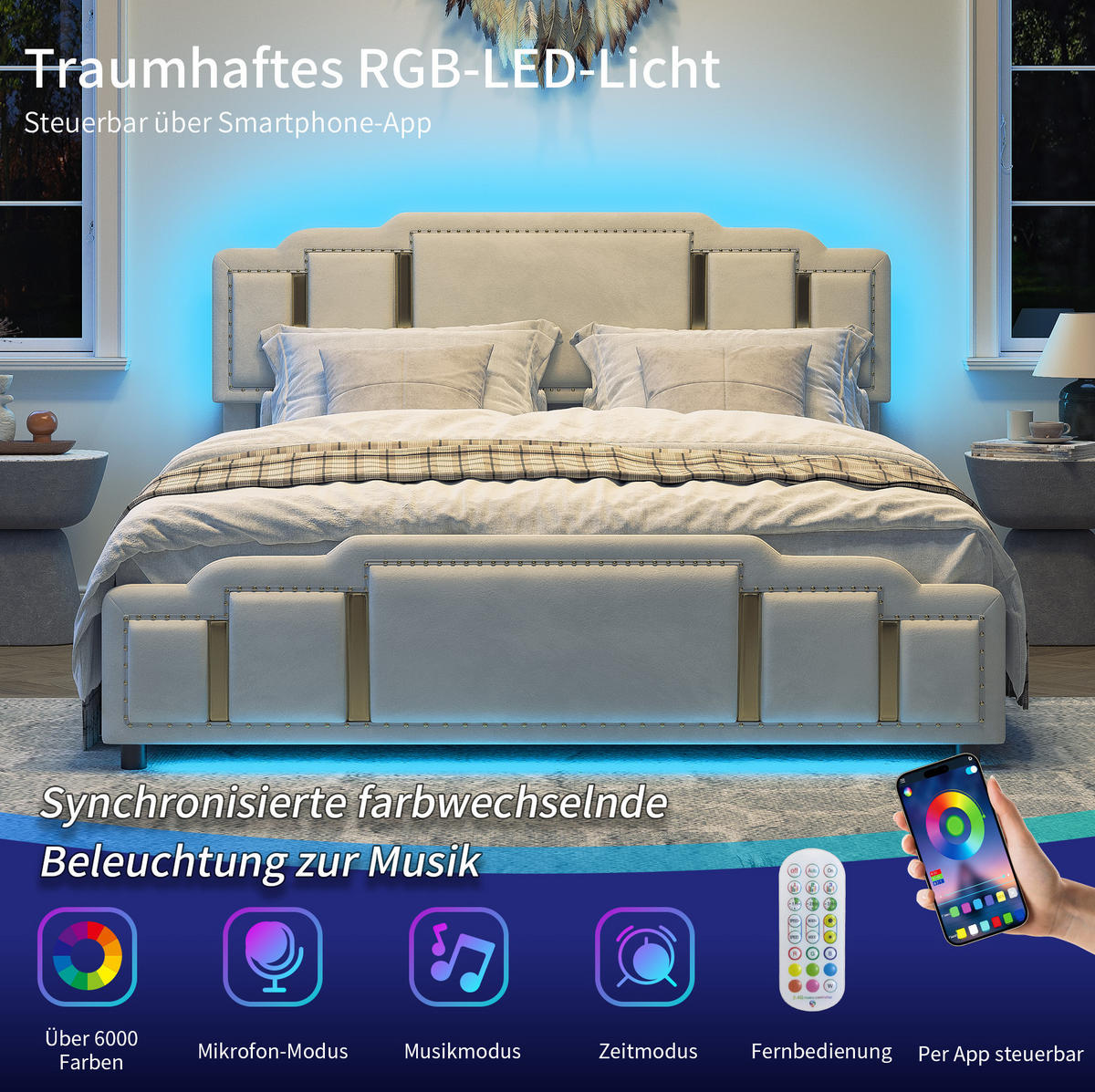 POLSTERBETT 140/200 cm mit LED-Beleuchtung, hydraulischem Bettkasten und Samtbezug, Beige - Beige, Textil (140/200cm) - Redom