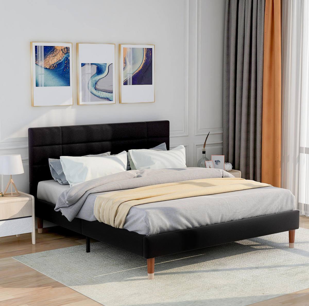 BETT mit Lattenrost 140x200 cm Leinen Schwarz - Schwarz, Holz (140/200cm) - Meubliv