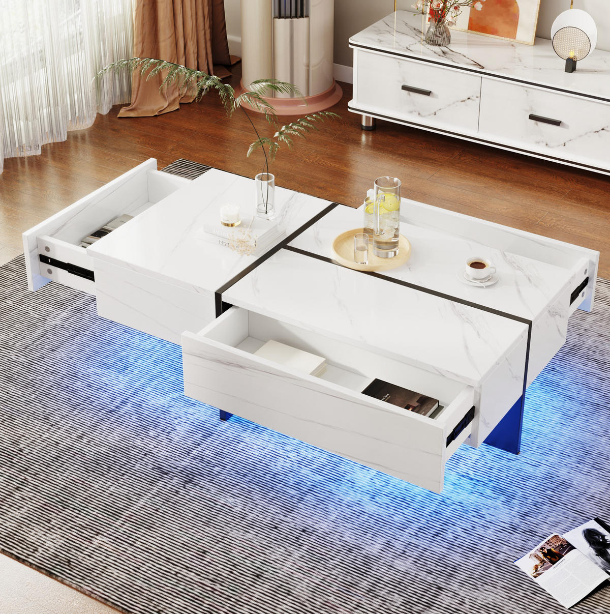 COUCHTISCH, Marmoroptik Weiß, 3 Schubladen, App-gesteuerte LED-Beleuchtung, 100/50/34,5 cm,Weiß - Weiß, Holzwerkstoff (100/50/34.5cm) - Redom