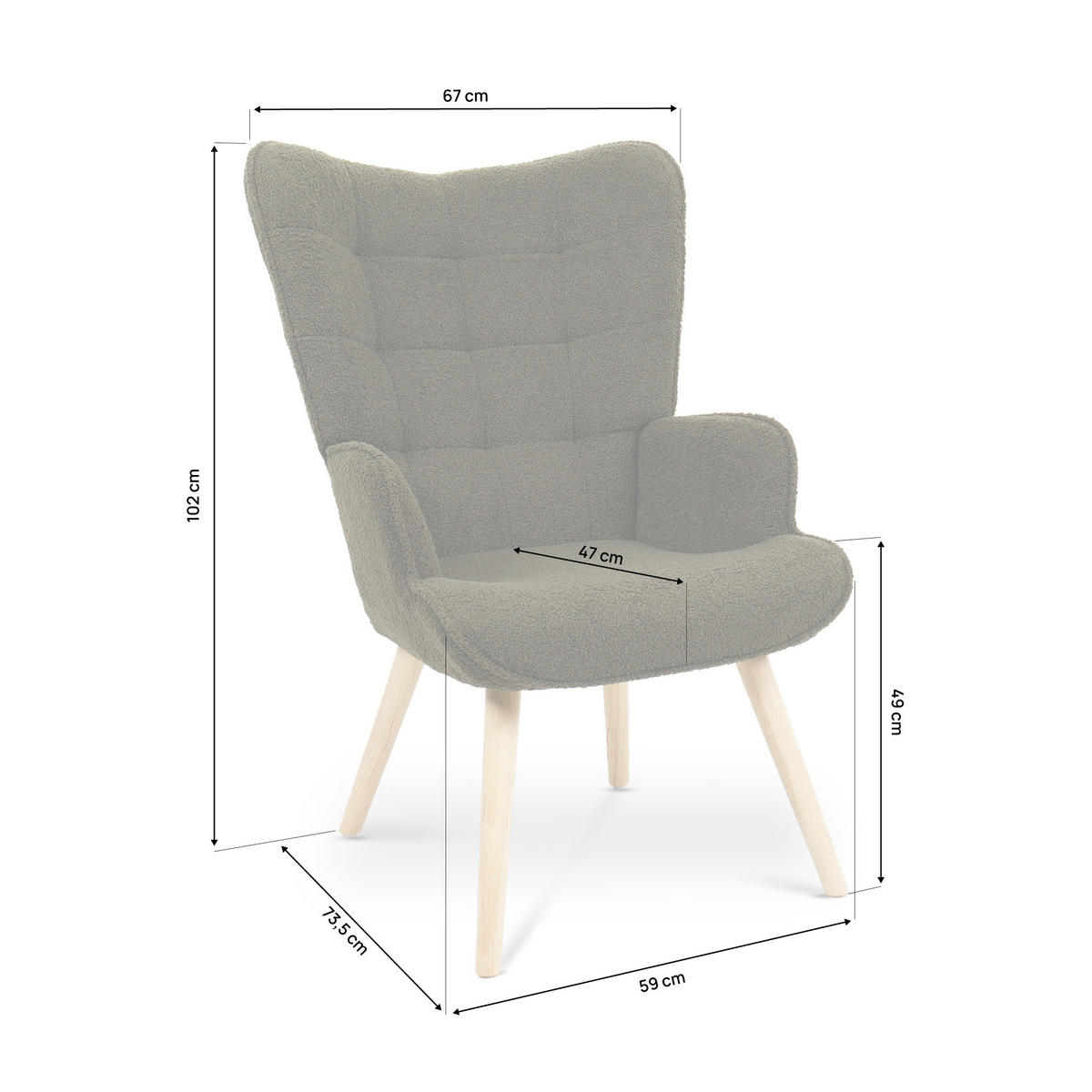 SESSEL Stella Skandinavischer aus khakifarbenem Frottee mit Nähten - Akaziefarben/Grün, Holz/Holzwerkstoff (67/102/73.5cm) - Sicaan