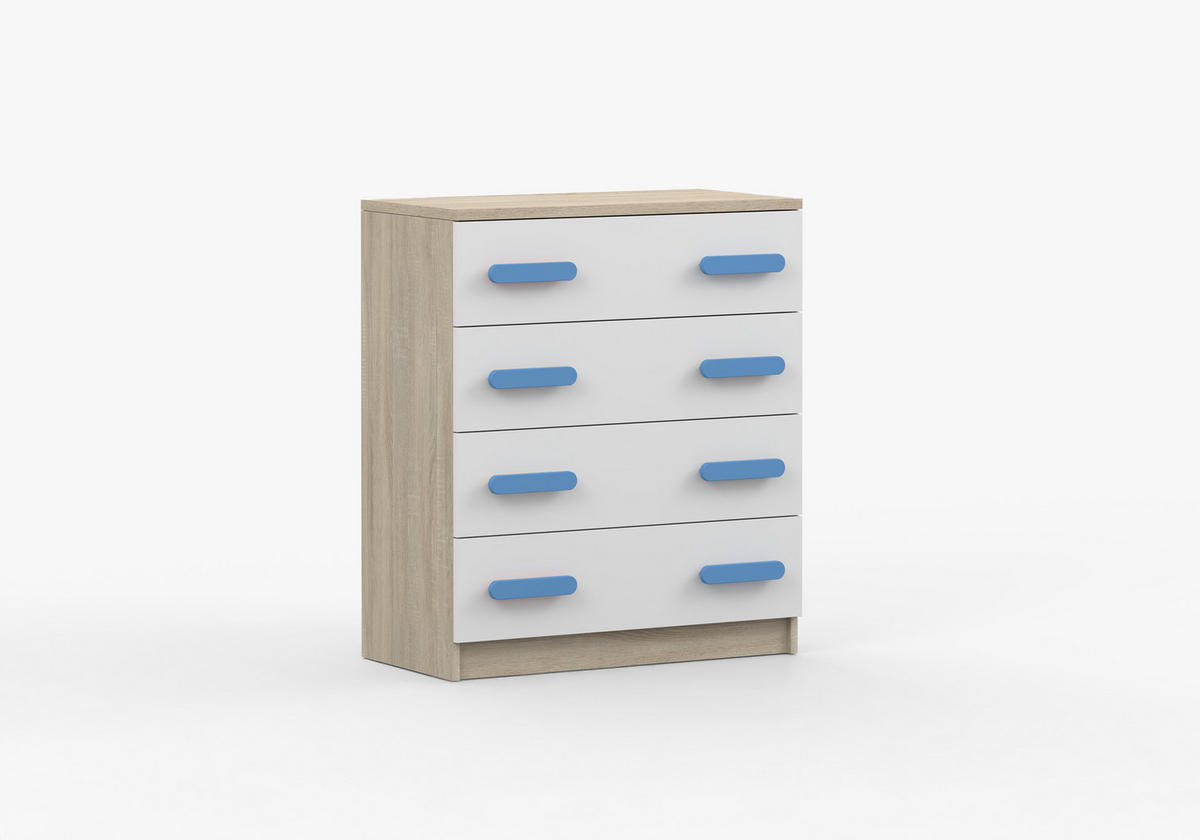 JUGENDZIMMER Elora in Eiche und Weiß – 4-teiliges Set mit Schreibtisch, Kommode, Wandregal und Schrank – Grifffarbe Blau - Braun, Holzwerkstoff (80/200/120cm)