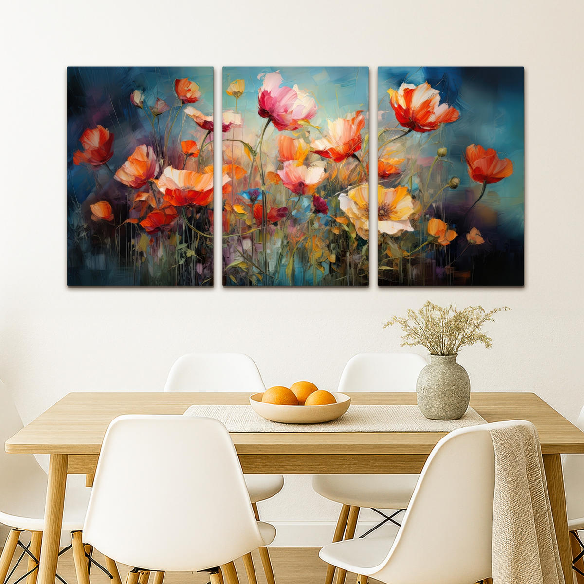 LEINWANDBILD 3er Set Blumen - Bunt - Abstrakt 120x60 cm - Blaugrau, Textil (120/60cm) - MuchoWow