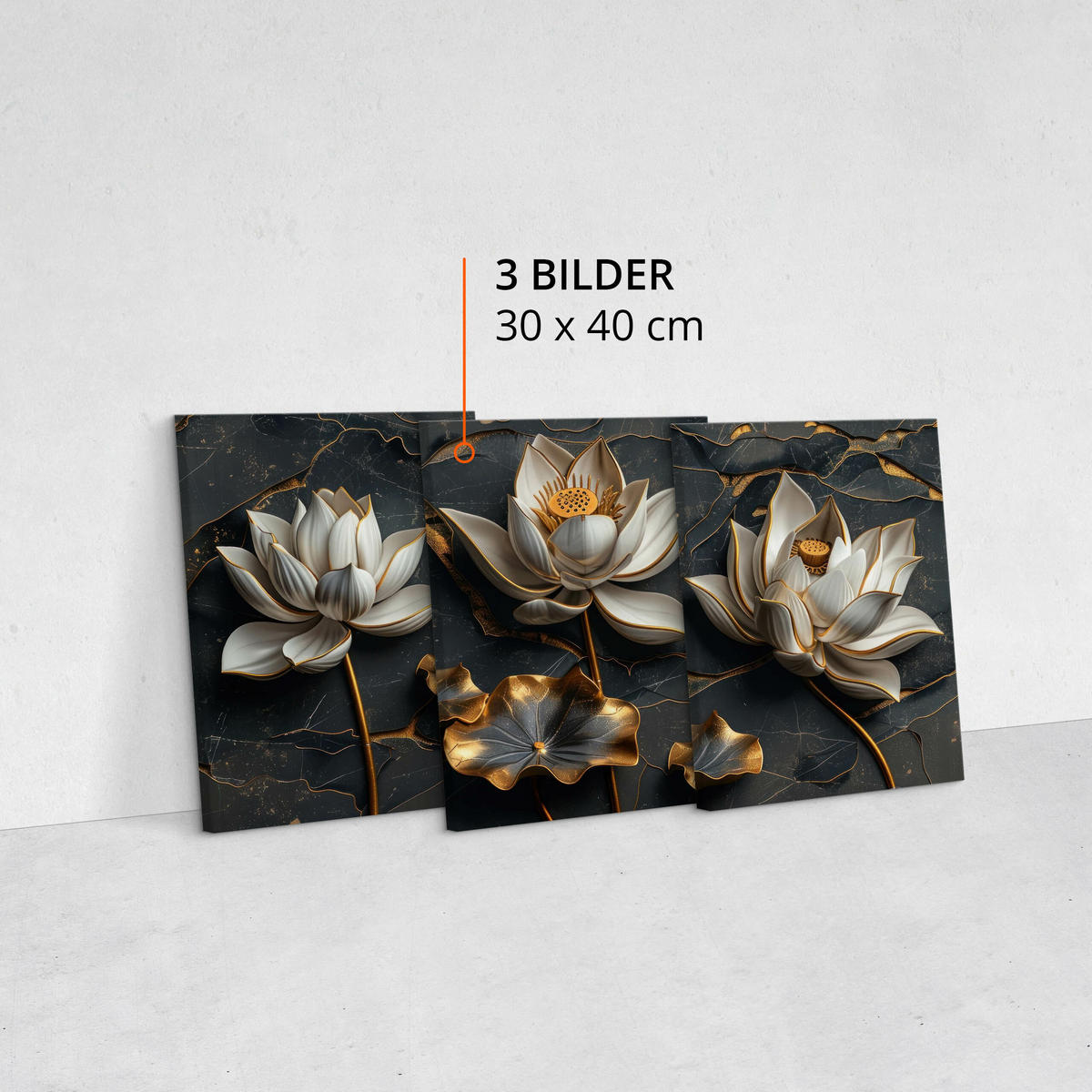 LEINWANDBILDER 3-es Set Blumen 3D Marmor - Schwarz/Weiß, Textil (90/40cm) - Muralo