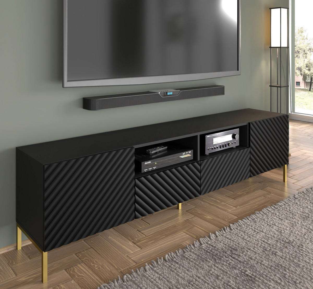 TV LOWBOARD Schwarz, Gold 200/56/42 - Hellbraun/Schwarz, Holzwerkstoff (200/56/42cm) - RAUMHIRSCH FURNITURE