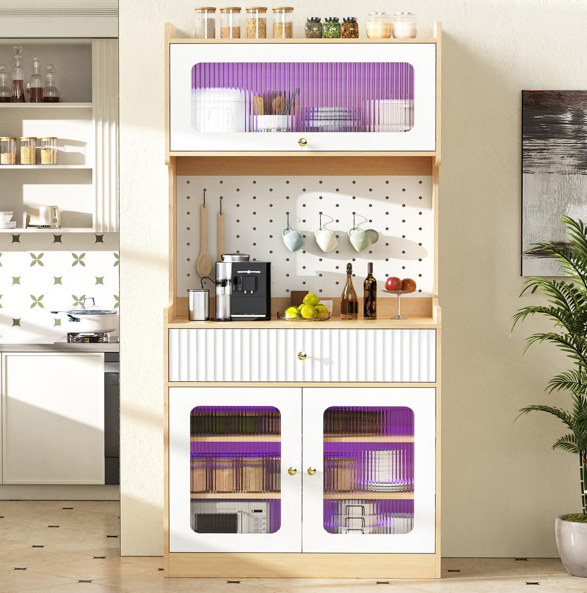 KÜCHENSCHRANK mit LED und Riffelglas 80 x 40 x 180 cm Natur/Weiß - Braun, Holzwerkstoff (40/180/80cm) - Meubliv