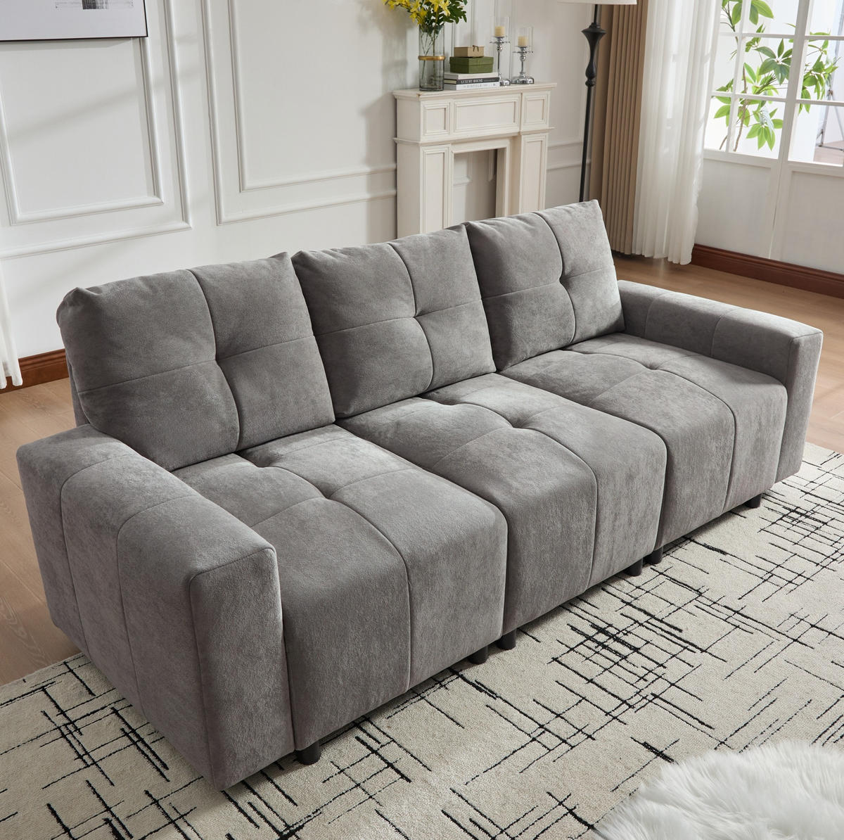 3-SITZER-SOFA aus Chenille 213x94x84 cm Grau mit Schlaffunktion, verstellbarer Sitztiefe und kompakter gerader Form - Grau, Kunststoff (213/84/94cm) - Modfu