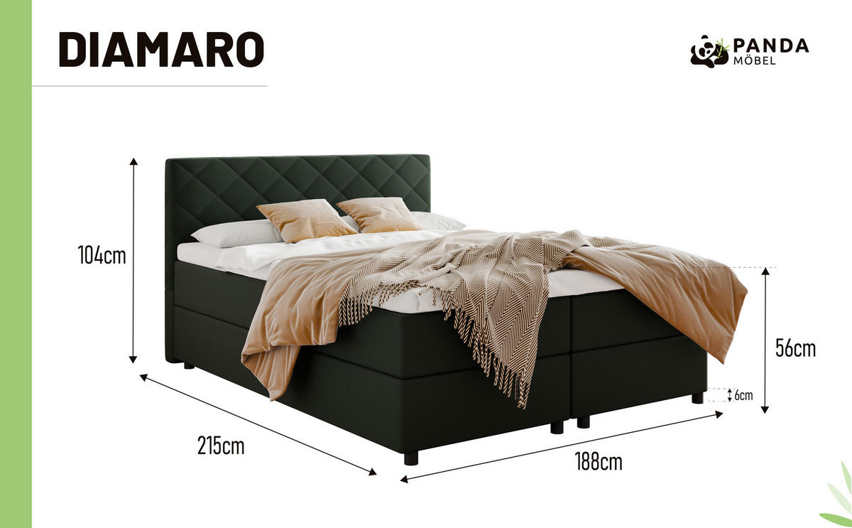 BOXBETT Diamaro 180x200 cm mit Bettkasten und Topper - Dunkelgrün - Grün, Holz (180/200cm) - Panda Möbel