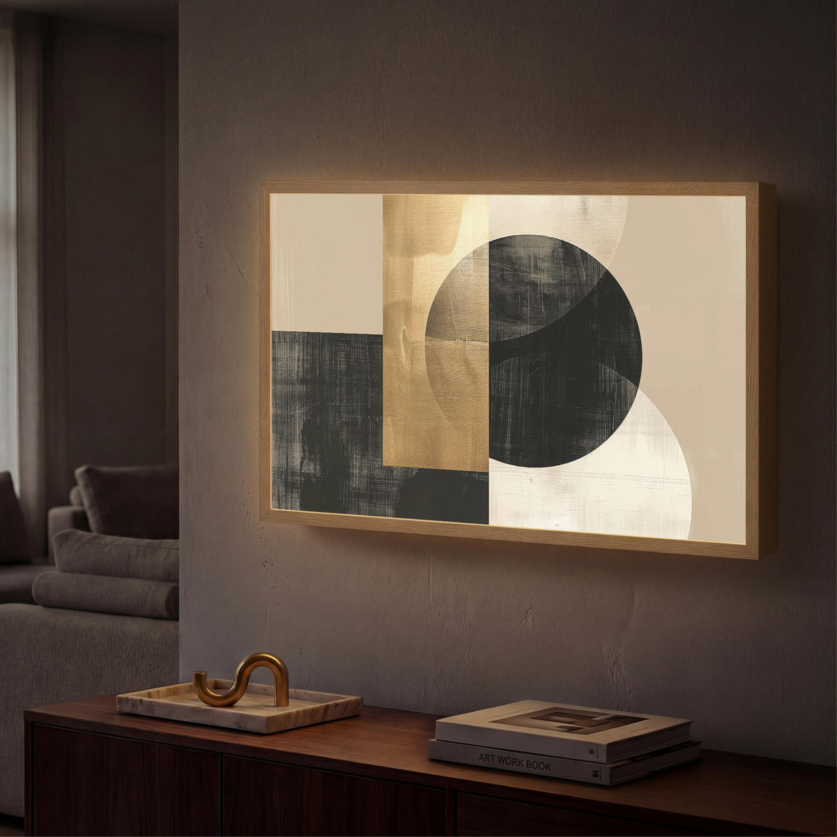 NÁSTĚNNÁ LAMPA S AKUMULÁTOREM Abstraktní - Moderní - Černá - Zlatá 60x40 cm - písková barva, kompozitní dřevo (60/40/8cm) - OnlyWow