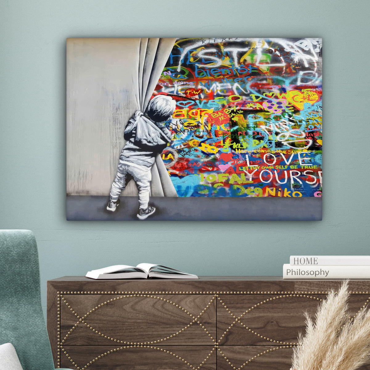 LEINWANDBILD Graffiti - Junge - Ilussie - Straßenkunst Wandbilder 80x60 cm - Hellgrau, Textil (80/60cm) - MuchoWow