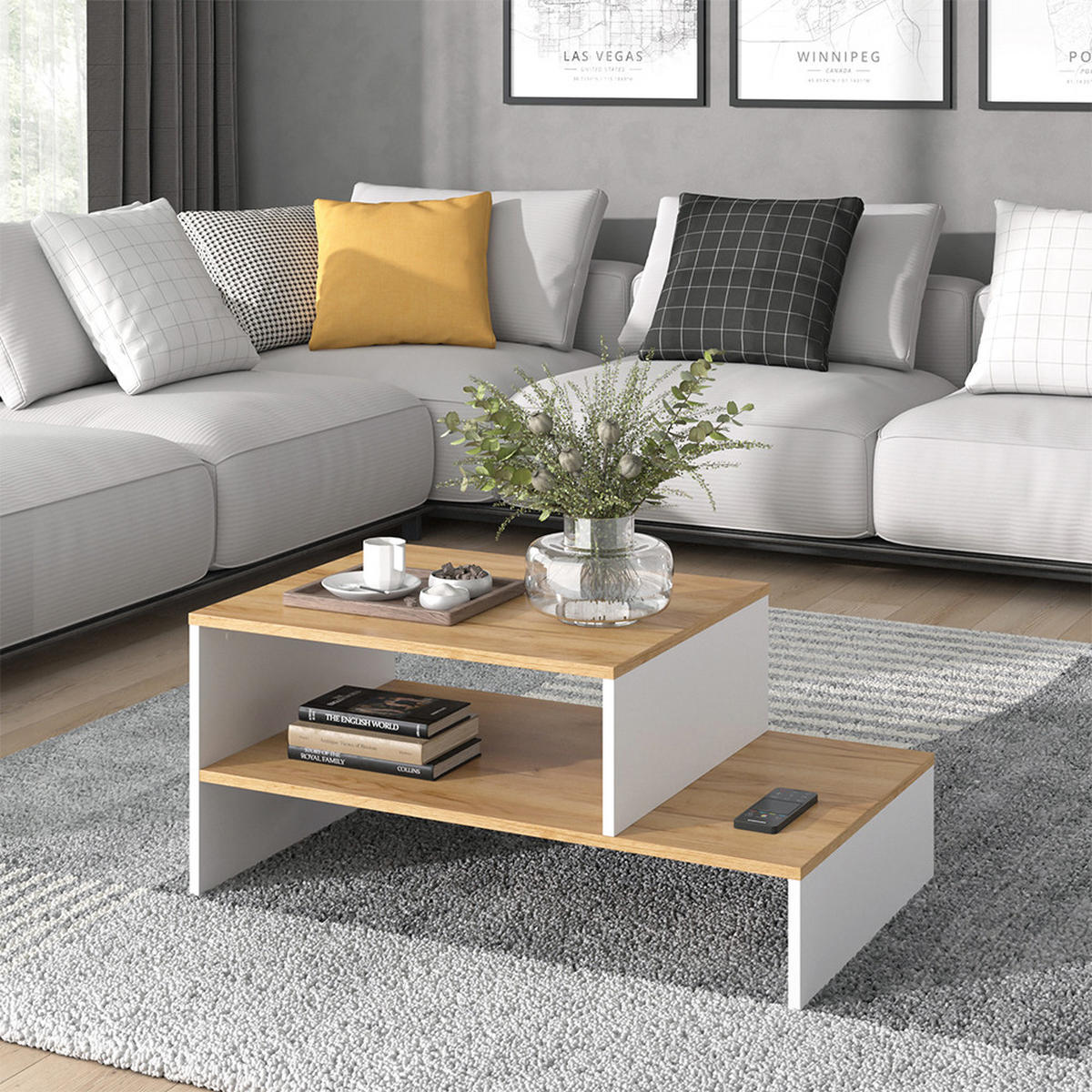 COUCHTISCH Amely Goldkraft Eiche/Weiß 90 x 55 cm mit Regal - Honigeiche/Weiß, Holzwerkstoff (55/90/40cm) - Vicco