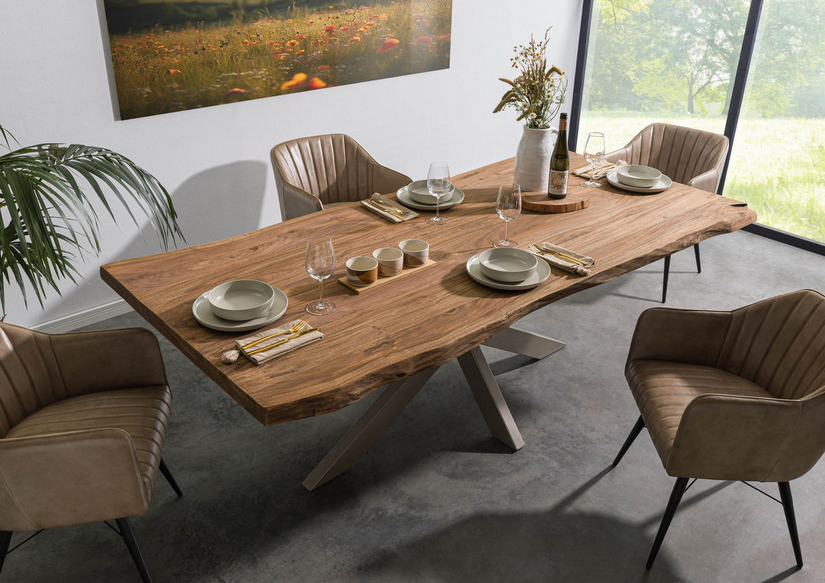 BAUMTISCH Sheesham 240x100x77 natur gebeizt / Kreuzgestell silber matt FREEFORM 5 - Silberfarben/Naturfarben, Holz (240/100/77cm) - Massivmoebel24