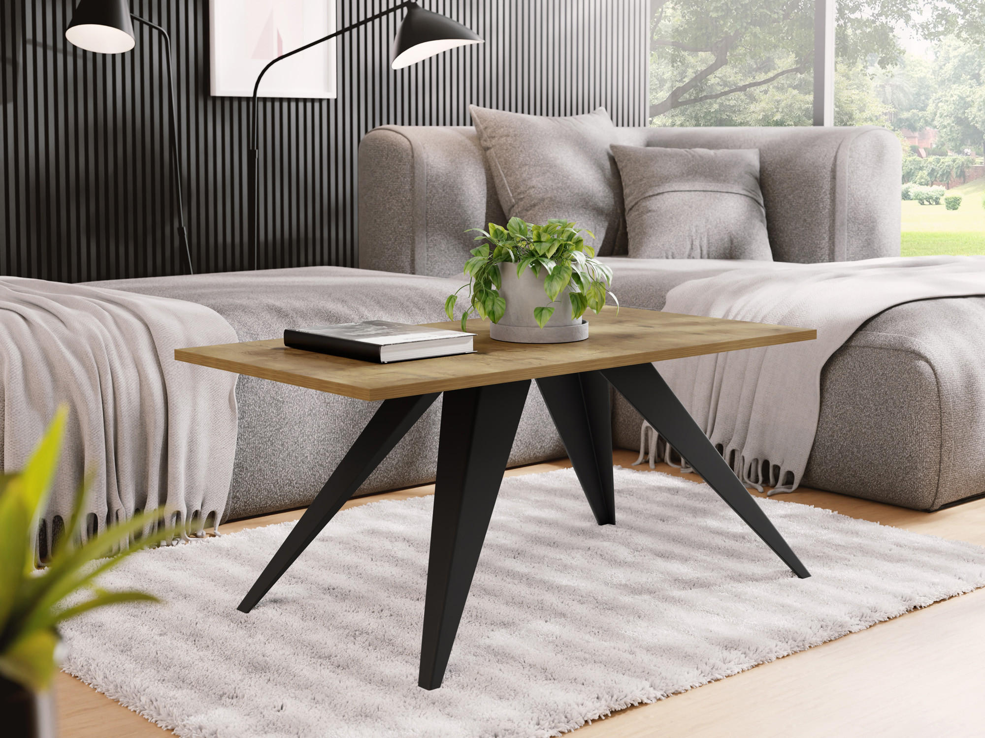 COUCHTISCH Vance rechteckig, Lancelot Eiche 120/60/48 cm - Eichefarben/Schwarz, Holzwerkstoff/Metall (60/120/48cm) - WFL GROUP