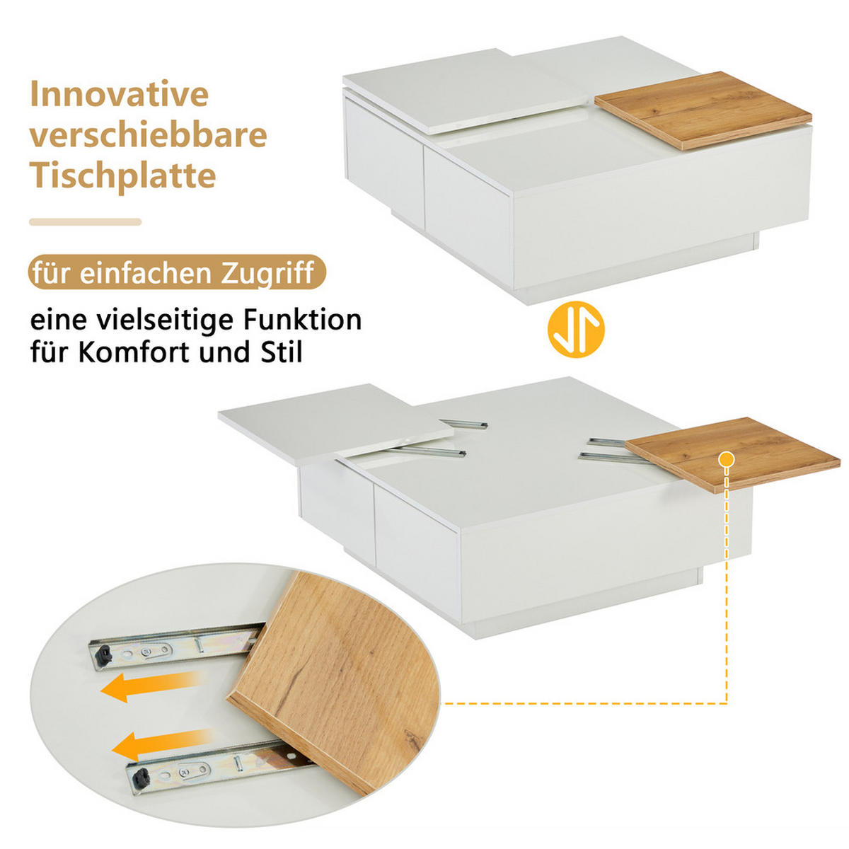COUCHTISCH 75x75cm Weiß Hochglanz Quadratisch Holzoptik Einschiebeplatte 30kg - Weiß, Holz (85.85/85.85/13.97cm) - FLIEKS