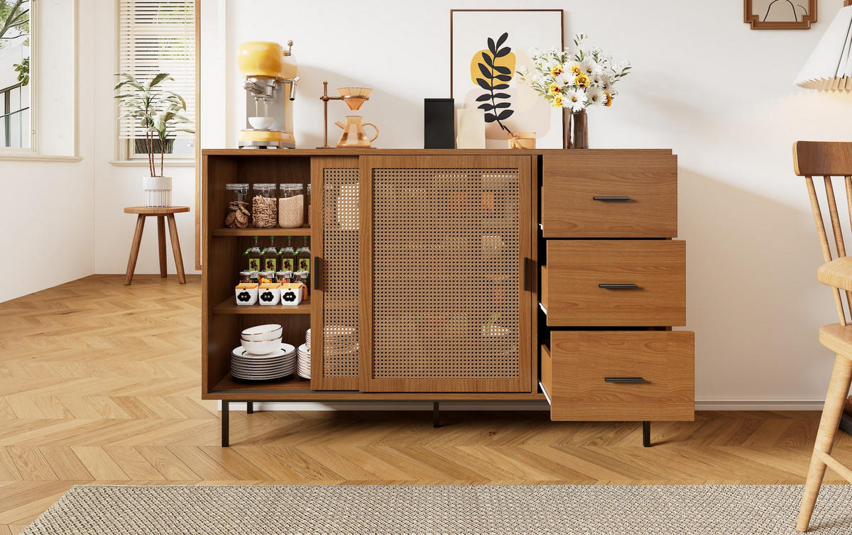 SIDEBOARD mit 2 Schiebetüren aus Rattan und 3 Schubladen, Natur, Spanplatte, 140/37/91 cm, Natur - Naturfarben, Holzwerkstoff (140/91/37cm) - Redom