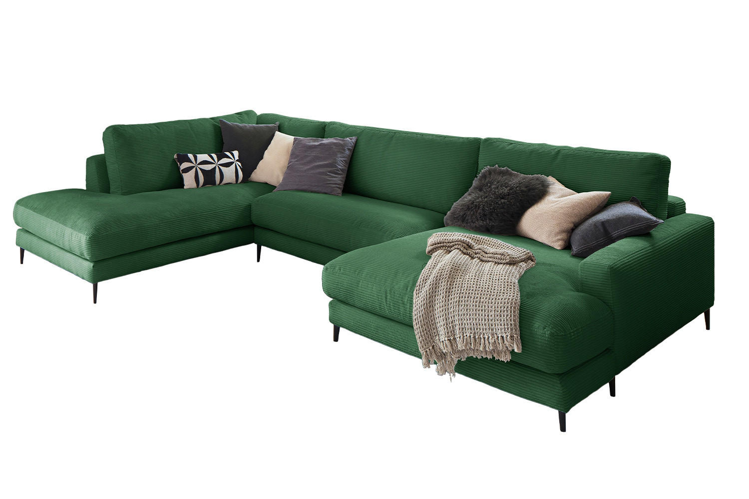WOHNLANDSCHAFT CARA Smaragdgrün Cord - Smaragdgrün/Schwarz, Textil (341/84/223cm) - KAWOLA