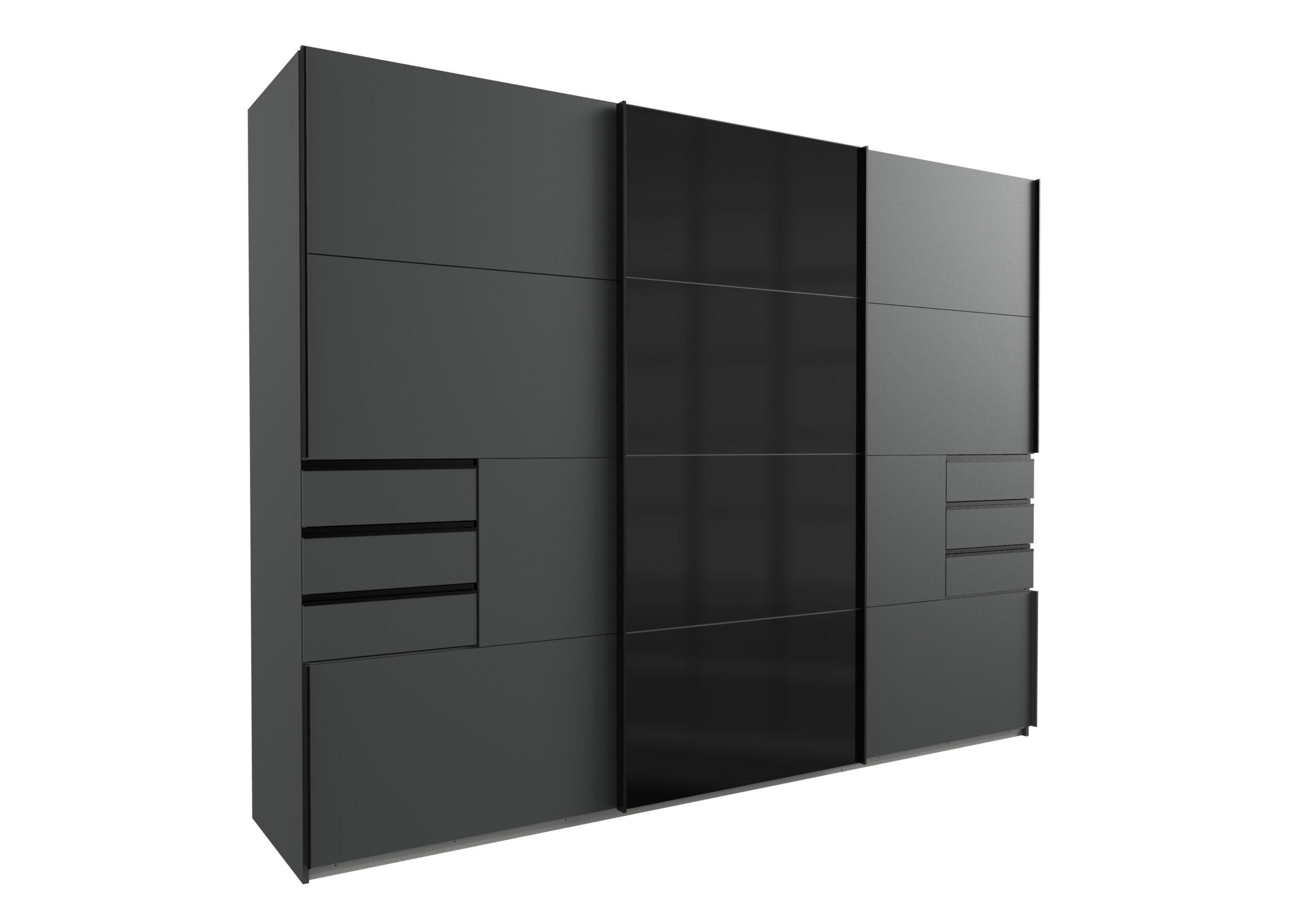 KLEIDERSCHRANK Saigon in Grafit mit einer Türfront in Glas Schwarz – Schwebetürenschrank 3 türig - 270 cm Breite - Grau, Holzwerkstoff (80/200/120cm)