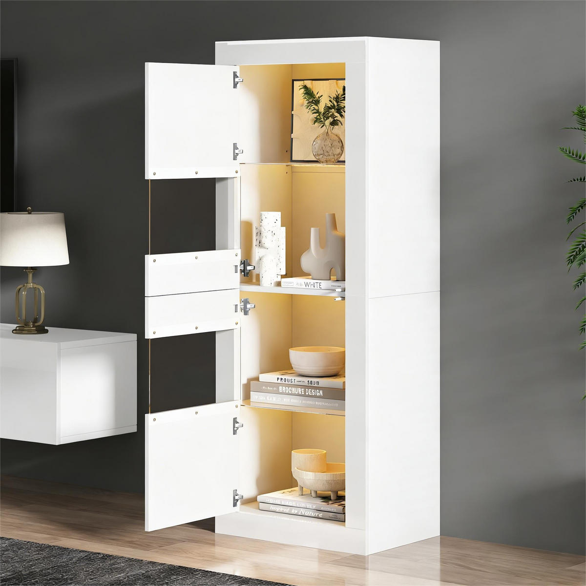 VITRINE mit LED Beleuchtung Verstellbaren Glasböden Hochschrank mit Acryltüren Wohnzimmer Weiß 61x42x162 cm - Weiß, Glas/Holzwerkstoff (61/162/42cm) - EVRYAE