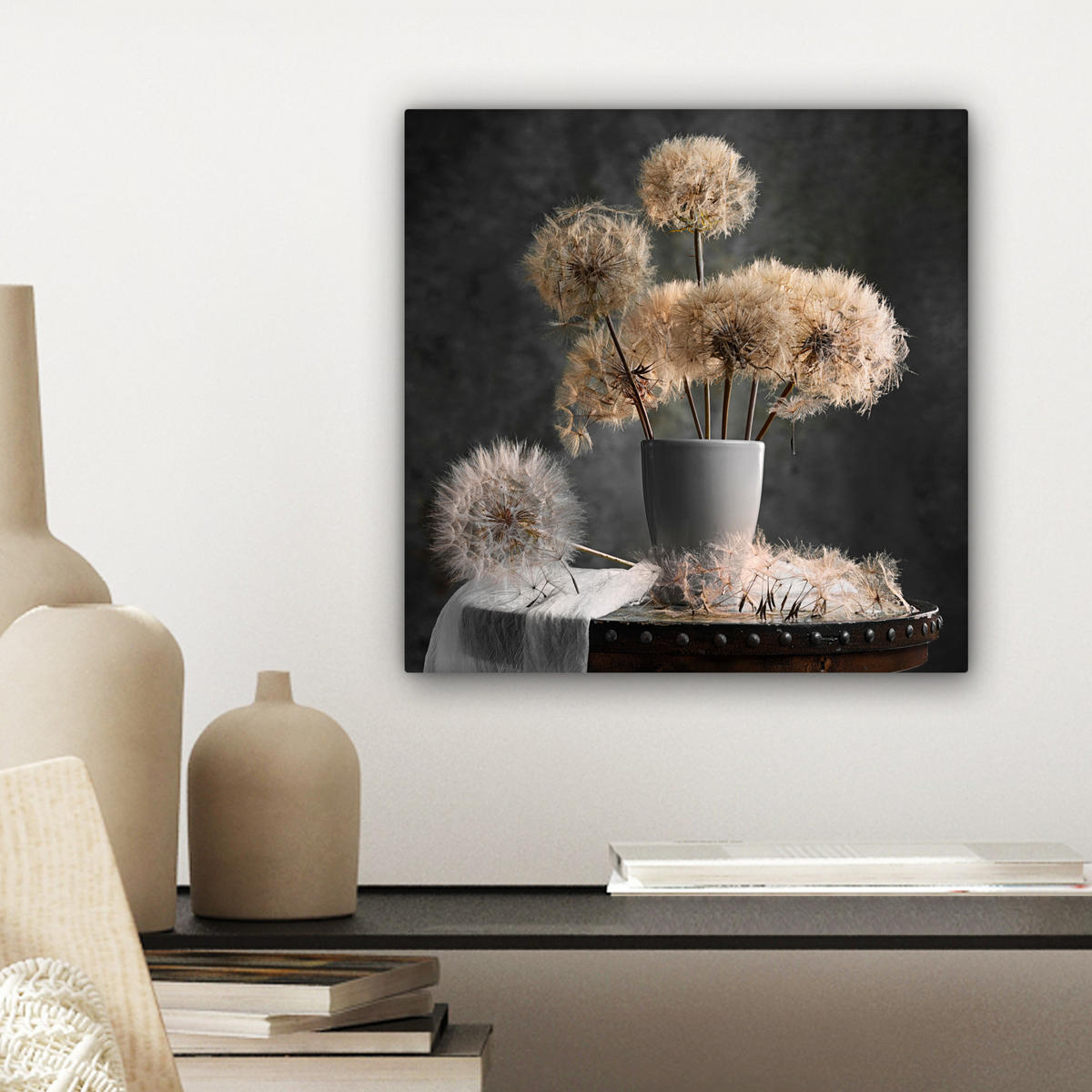 LEINWANDBILD Blumensamen - Löwenzahn - Vase - Stilleben - Blumenstrauß Deko Wohnzimmer 20x20 cm - Dunkelgrau, Textil (20/20cm) - MuchoWow