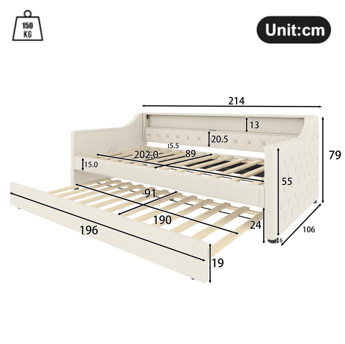 POLSTERBETT 90/200 cm in Beige mit LED-Beleuchtung und USB-Anschlüssen - Beige, Textil (90/200cm) - Flora Grace