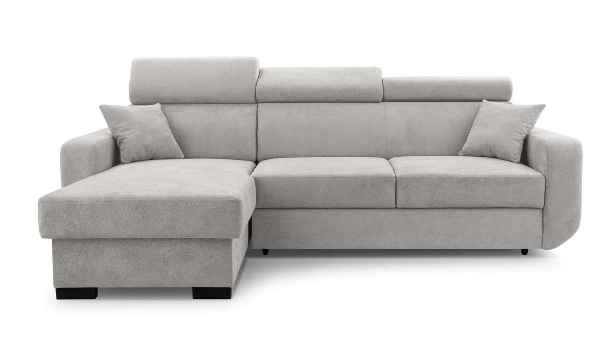 ECKSOFA CASTELLO Grau Plüsch-Stoff mit Schlaffunktion - Grau, Holz (236/165cm) - MASSENO