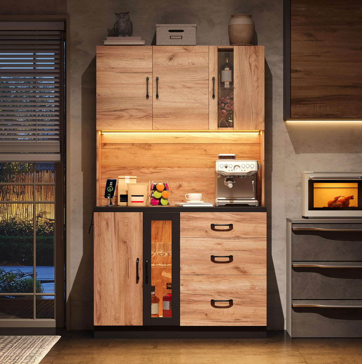 BUFFETSCHRANK 105/40/180 cm mit LED-Beleuchtung, Steckdose, verstellbaren Einlegeböden aus MDF, Neutral - Naturfarben, Holzwerkstoff (105/180/40cm) - Redom
