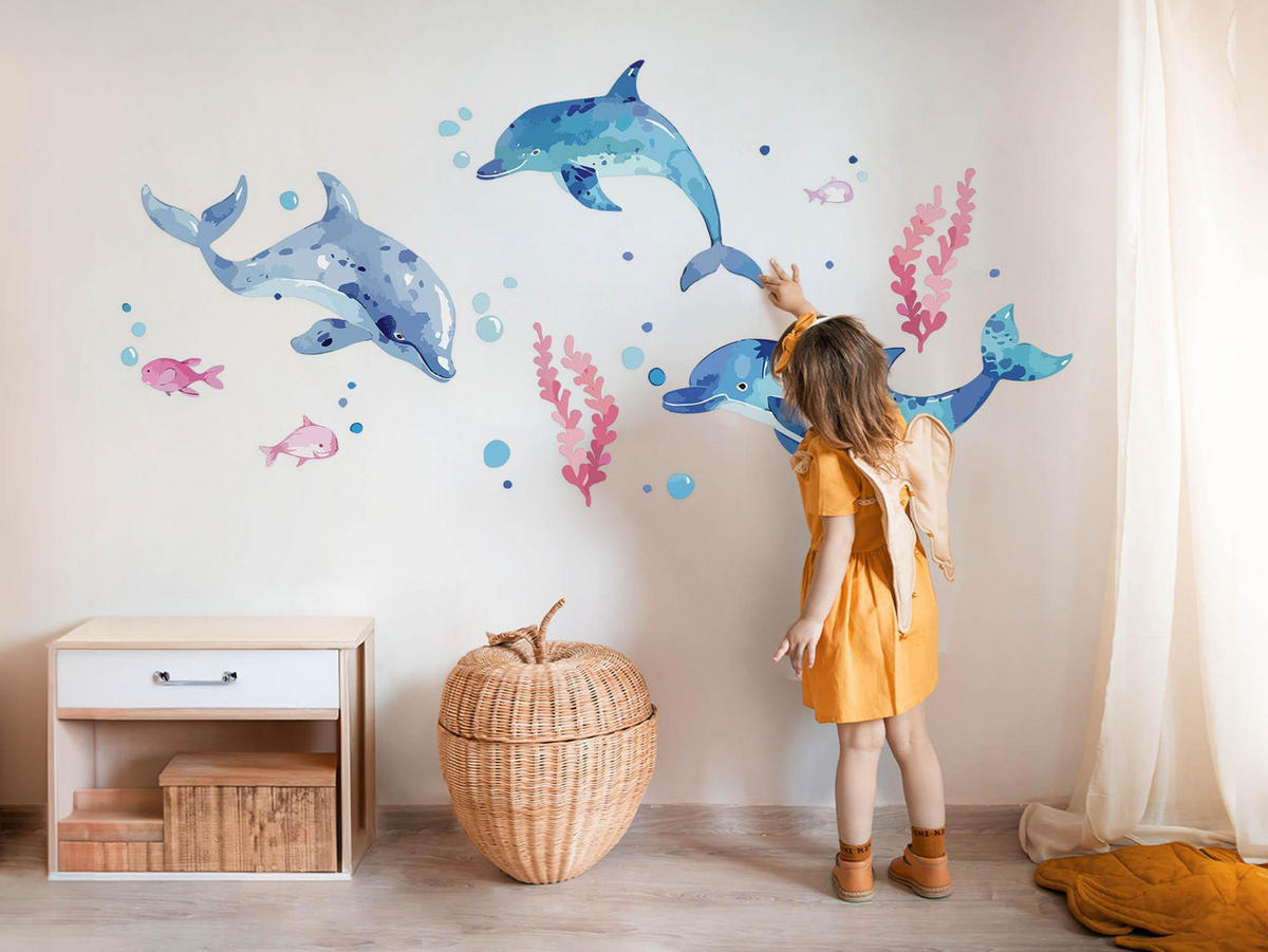 WANDAUFKLEBER 100x155cm - Blaue Delfine - Multicolor, Kunststoff (100/155/0.1cm) - Wallfluent