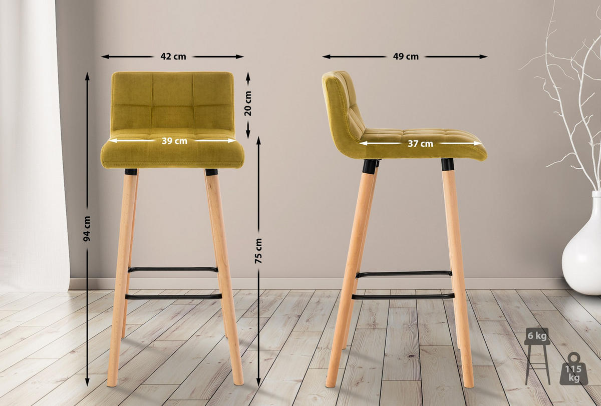 BARHOCKER 2er Set Samt gelb - Eukalyptusholzfarben/Gelb, Holz/Textil (42/94/49cm) - CLP