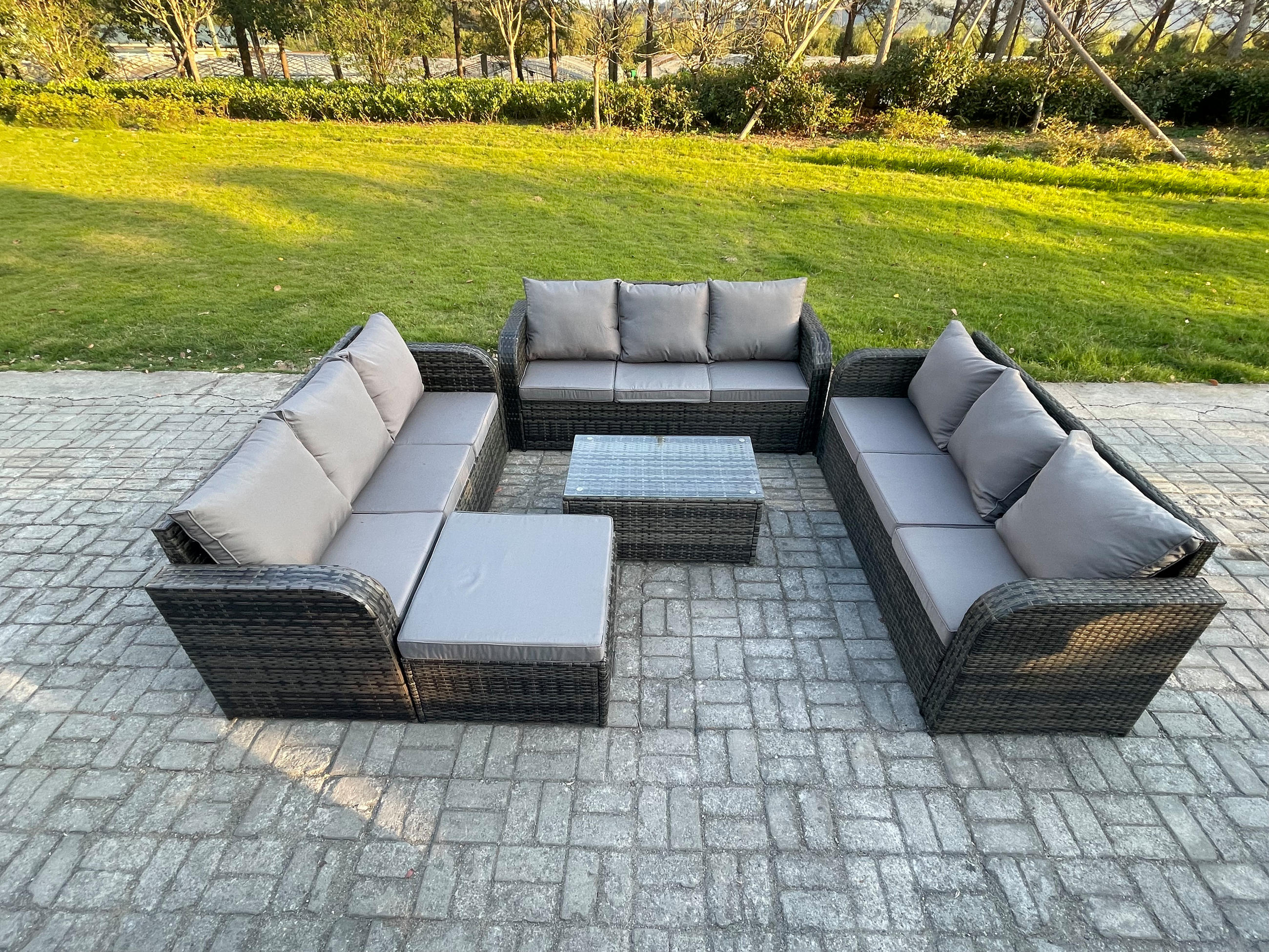 GARTENMÖBELGARNITUR mit KISSEN Polyrattan Dunkelgrau 10-Sitzer - Dunkelgrau/Grau, Glas/Kunststoff - Fimous